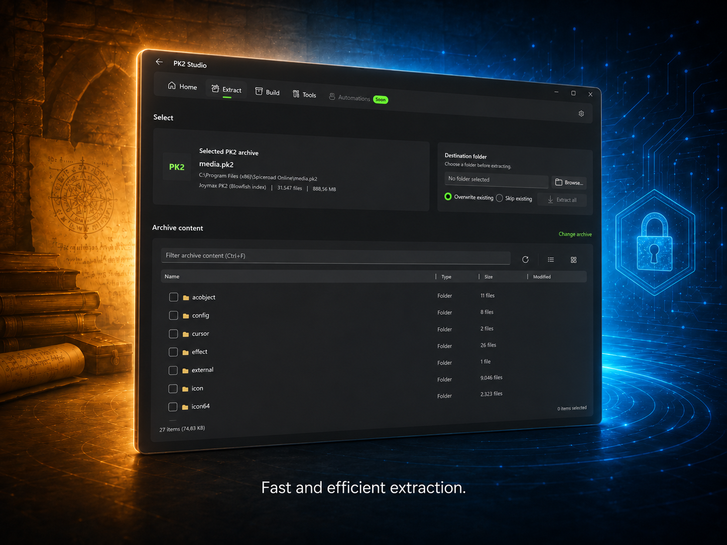 PK Studio extract workflow screen
